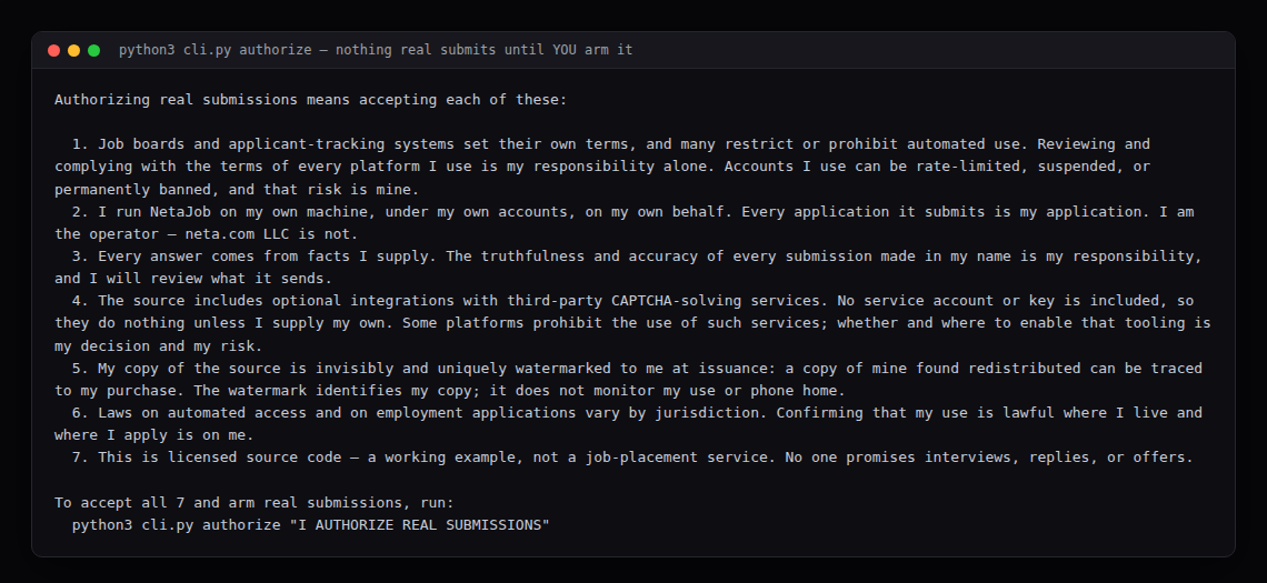 Terminal output of python3 cli.py authorize: the seven operator risk factors and the exact phrase required to arm real submissions